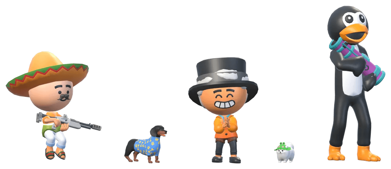 Mayor Bellweather clapping among heroes and pets, left to right: a fiesta sombrero, the Aloha Pup pet, the mayor, the Froggy Puffball pet and the Penguin hero.