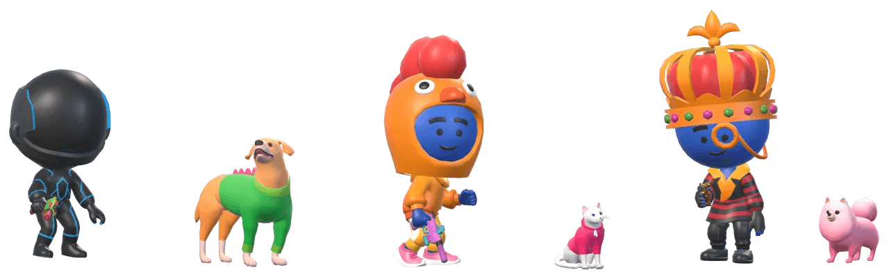 Three heroes and three pets, left to right: the skater costume, the Dino Lab pet, a chicken dress-up hood, the Sweater Kitty pet, a royal crown and the Pink Fluffy pet.