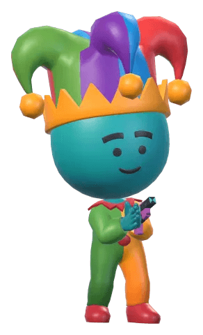 A chibi hero in the jester costume, clapping, with the Star Burst
