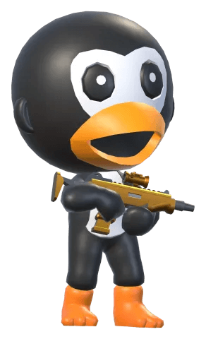 A chibi hero in the penguin costume, running, with the Sun Storm