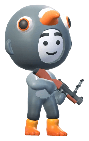 A chibi hero in the pigeon costume, holding the Pop Gun