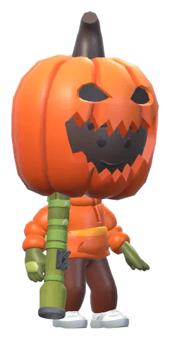 A chibi hero in a pumpkin dress-up hood and puffy coat, dancing, with the Champion