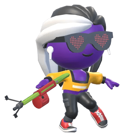 A chibi hero with rock star hair, pixel heart shades and a race car jacket, dancing, with the Grumbler