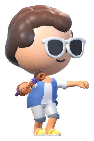 A chibi hero with surfer hair, summer shades and a surfer shirt, dancing, with the Stormy