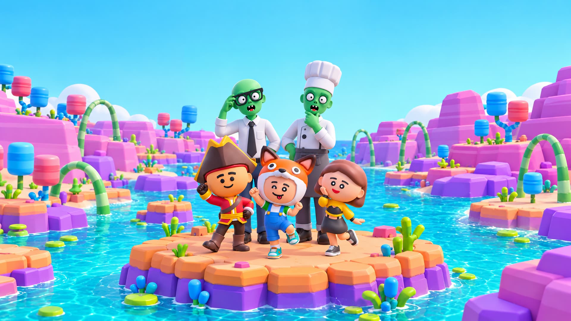 Three chibi heroes on a small orange-and-violet stone island in a turquoise lagoon: a pirate, a kid in a fox hood and blue overalls, and a girl in yellow and black. Behind them stand two goofy green cartoon zombies, a clerk in glasses and a tie and a chef in a tall white hat.