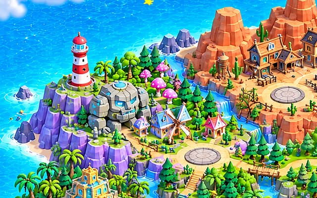 Adventure Land on the illustrated world map: a red-and-white lighthouse, a stone giant, pink mushrooms and a windmill.