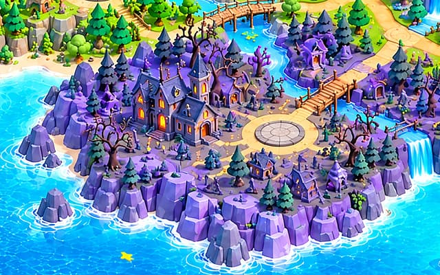 Dark Valley on the illustrated world map: violet cliffs, crooked trees and a lamplit village beside a waterfall.