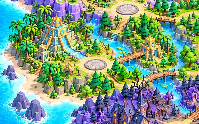 Temple on the illustrated world map: a stepped jungle pyramid among palm trees, wooden bridges and a lagoon.