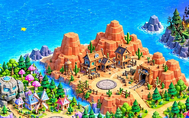 Western on the illustrated world map: red mesas with cacti, a water tower and a wooden frontier town.