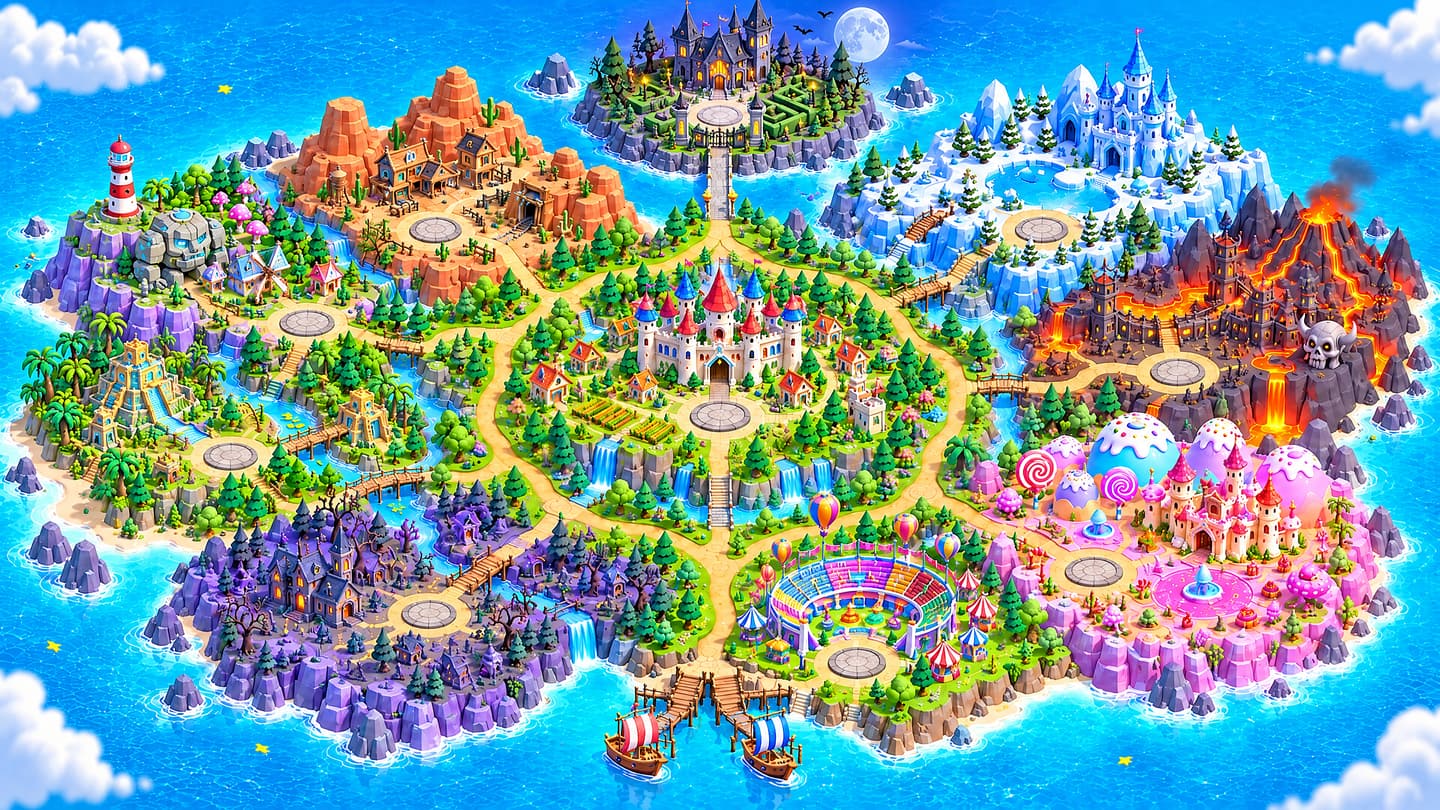 The illustrated world map: an island of ten lands joined by sandy paths and ringed by sea. The four lands of version 1.0 are bright on the west side; the rest lie under fog.