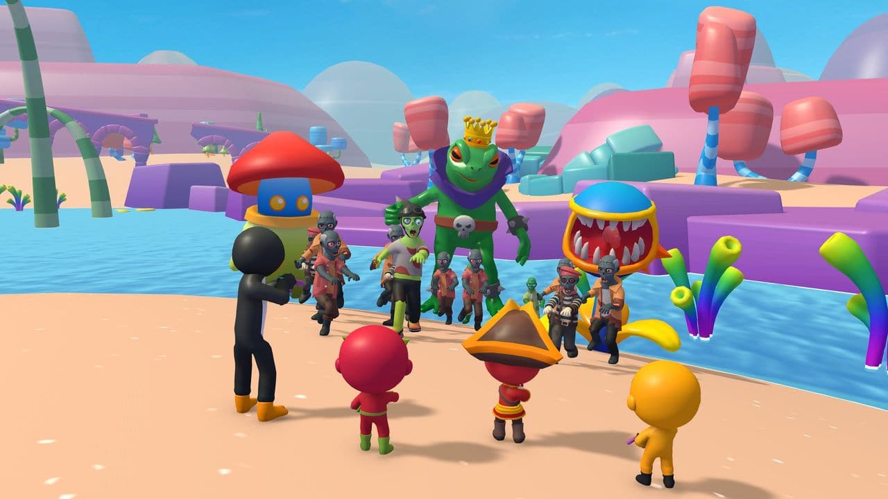 A run in Adventure Land, seen from behind the heroes: a party of chibi heroes holds its ground against the zombie horde and Croakus.