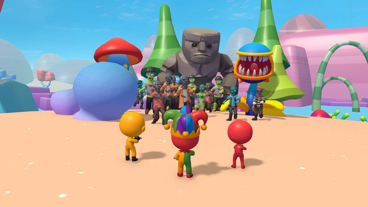 A run in Adventure Land, seen from behind the heroes: a party of chibi heroes holds its ground against the zombie horde and Granitus.