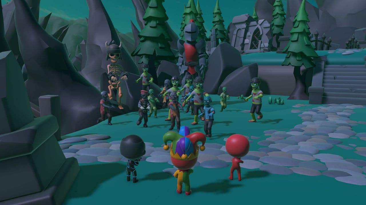 A run in Dark Valley, seen from behind the heroes: a party of chibi heroes holds its ground against the zombie horde and General Clank.