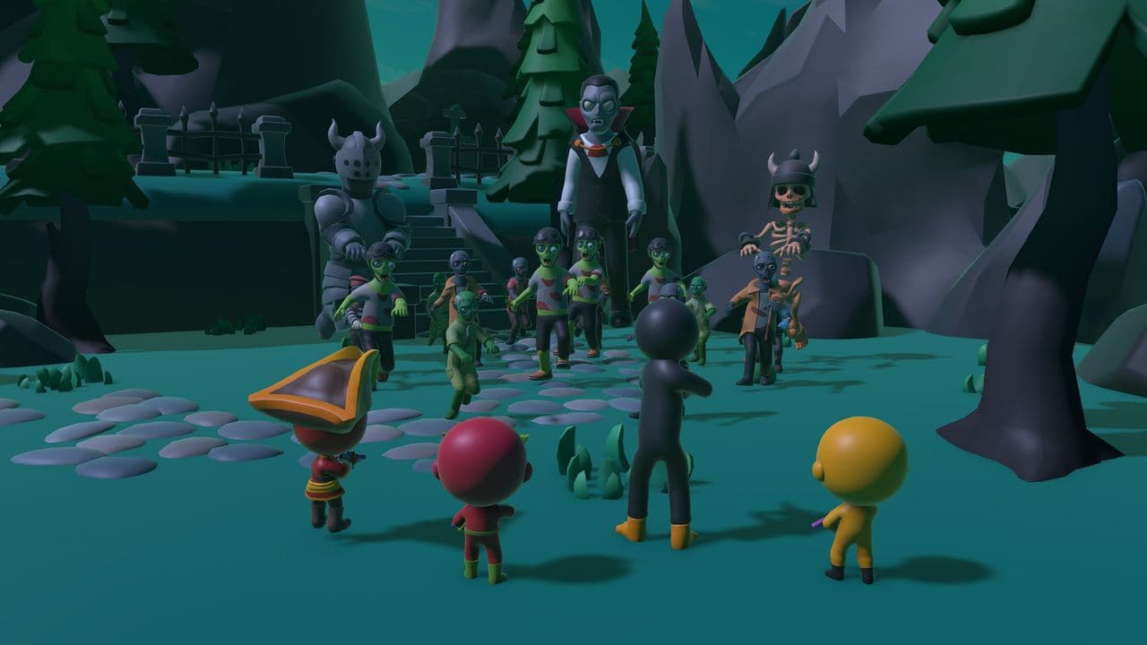 A run in Dark Valley, seen from behind the heroes: a party of chibi heroes holds its ground against the zombie horde and King Fangs.