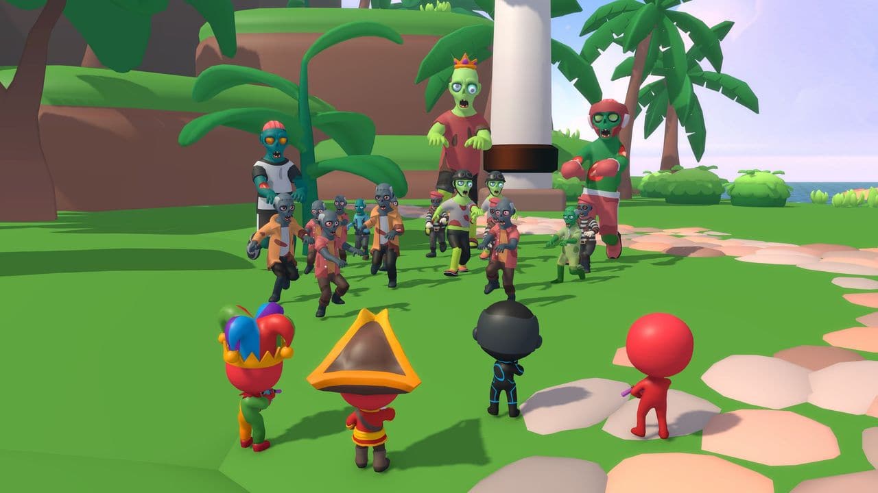 A run in Temple, seen from behind the heroes: a party of chibi heroes holds its ground against the zombie horde and Baron Bask.