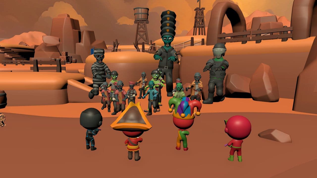 A run in Western, seen from behind the heroes: a party of chibi heroes holds its ground against the zombie horde and Sheriff Flint.